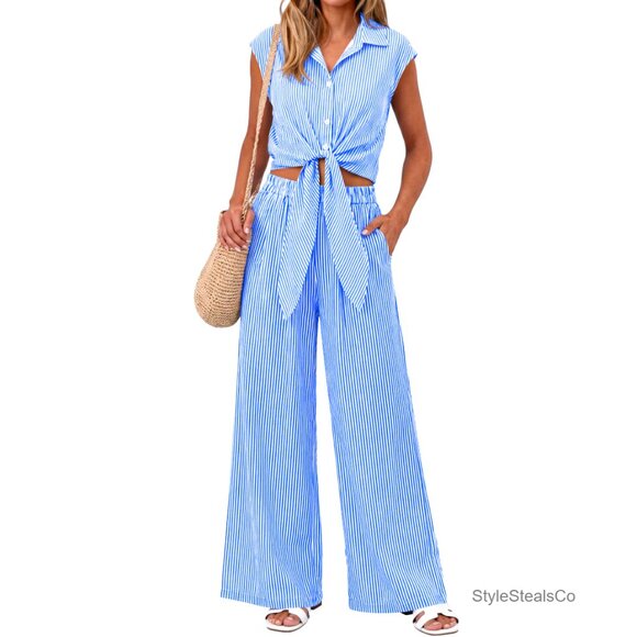 Women's Striped Button Down Crop Top Wide Leg Pants Lounge Set Size Small